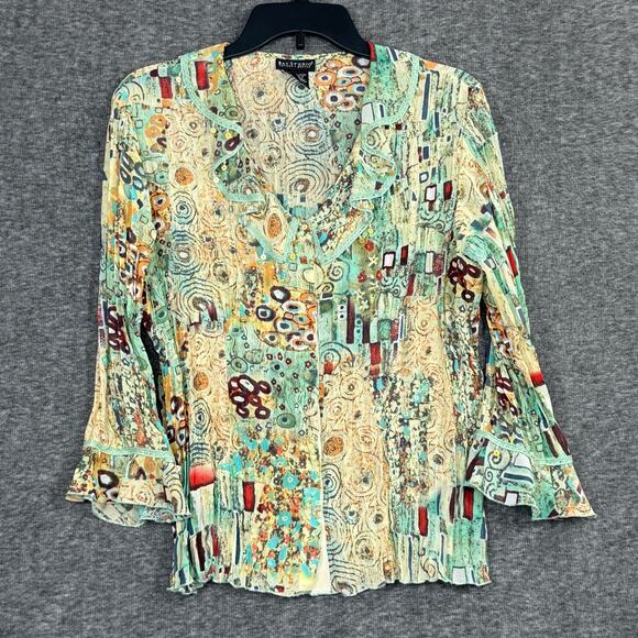 Y2kK Crinkle Ruffle Top Sz Large Petite Long Bell Sleeves Dangling Beads Boho - Picture 3 of 7